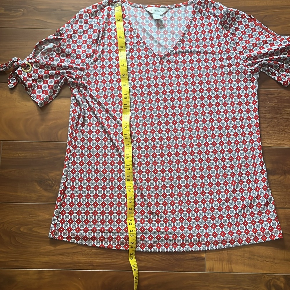 Liz Claiborne Red & White Patterned Blouse with Tie Sleeves Size S - Picture 7 of 8